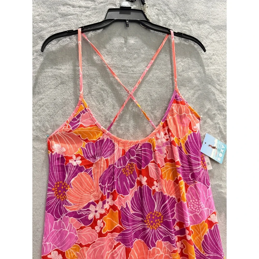 NWT Roxy Summer Flint Dress Women Pink Orange Floral Tropical Strappy Coverup XS
